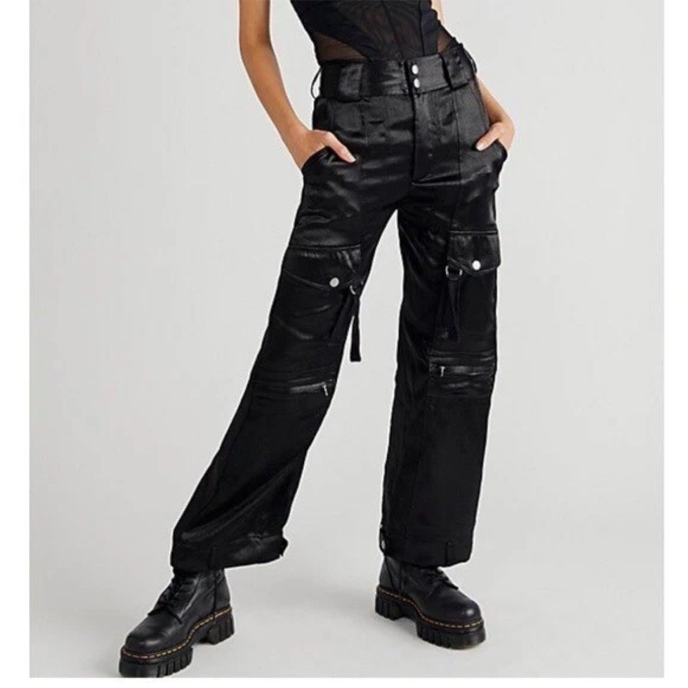 Free People Black Satin Cargo Wide-Leg Pants
